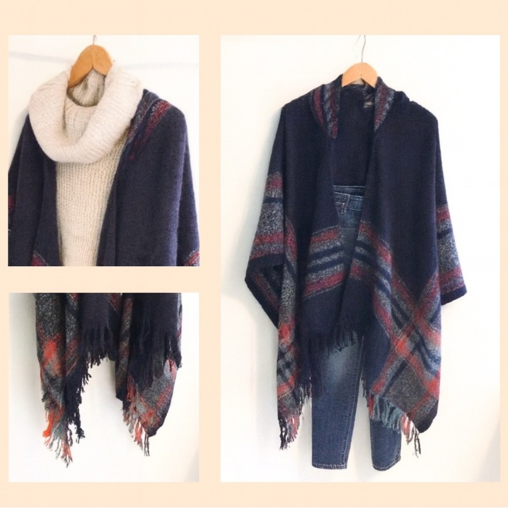 PONCHO  Hooded with Stripes & Fringe Hem
